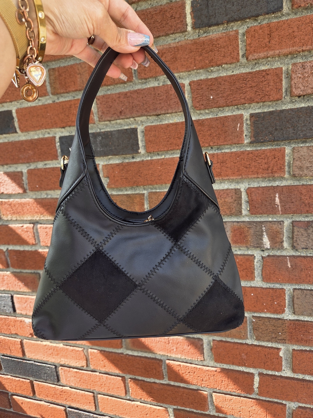 Black Patchwork Hobo Shoulder Bag Gold Chain